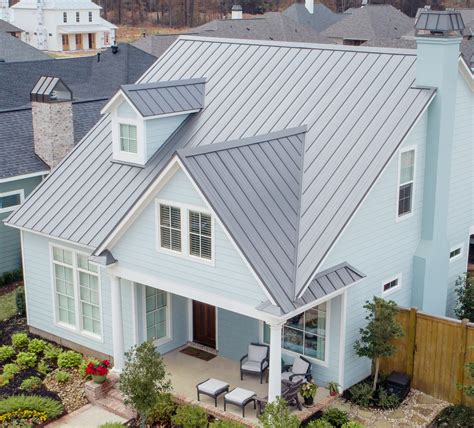 ash gray metal roof on white house|light blue metal roof.